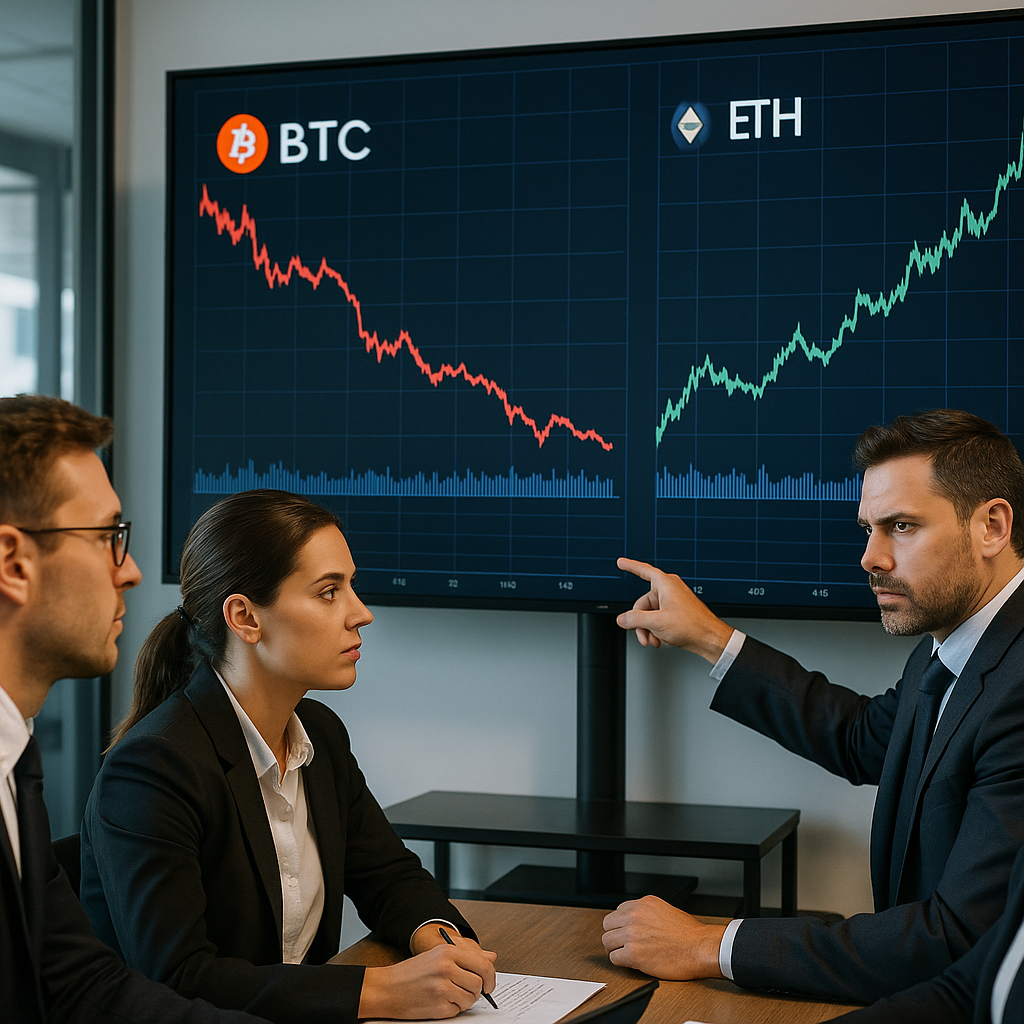 A symbolic image of institutional investors analyzing market data related to the Bitcoin to Ethereum capital rotation.