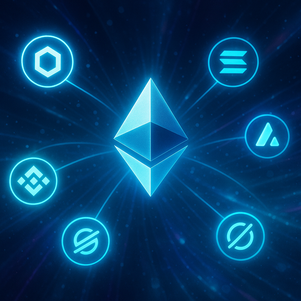 A creative image showing Ethereum at the center of an impending altcoin season, a consequence of the Bitcoin to Ethereum capital rotation.