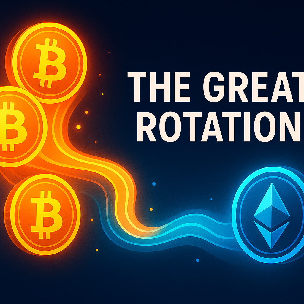 An artistic representation of the great rotation from Bitcoin to Ethereum, highlighting potential Ethereum ETF inflows.