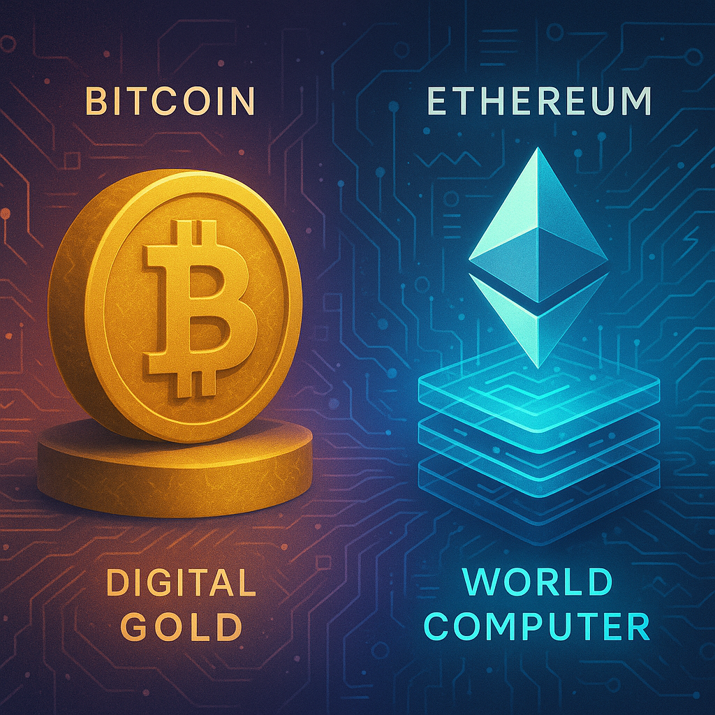 Conceptual image comparing Bitcoin as digital gold versus Ethereum as a programmable world computer, a core factor in Ethereum ETF inflows.