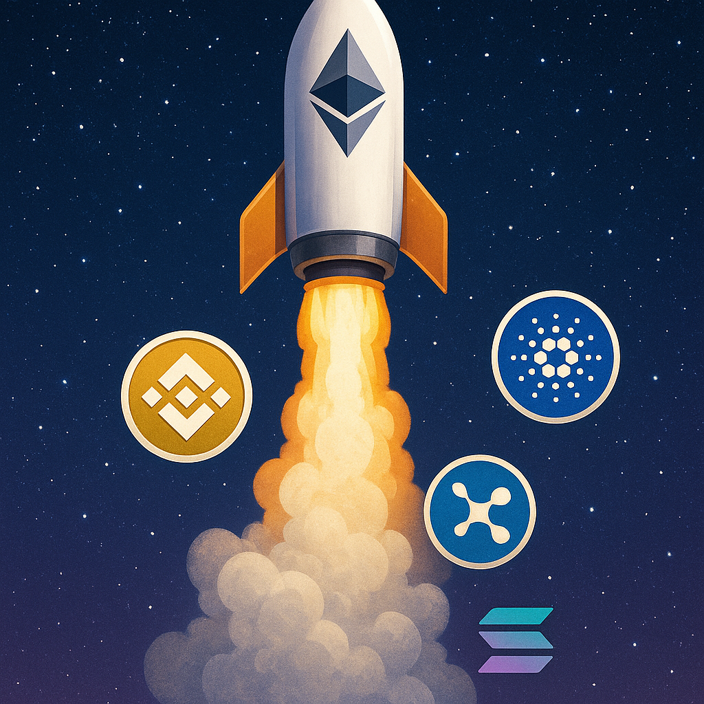 A rocket launching to the moon, symbolizing the potential start of an altseason fueled by Ethereum ETF inflows.