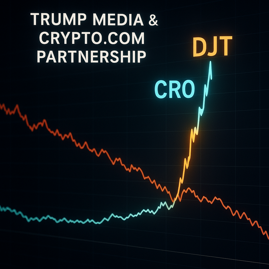 Market chart showing CRO outperformance after the Trump Media Crypto.com partnership, with CRO's price line spiking upwards against a flat market.