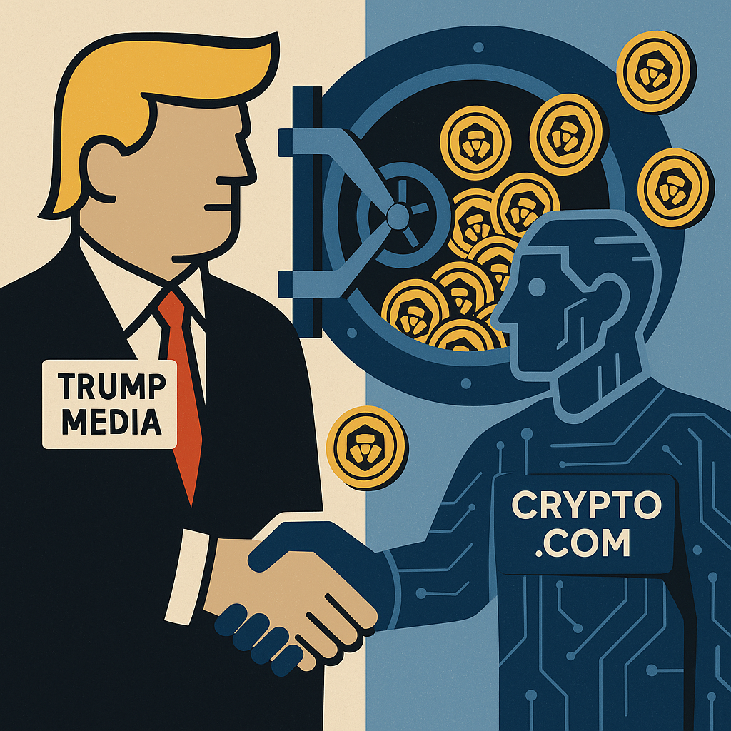 Conceptual art illustrating the Trump Media Crypto.com partnership agreement, with digital handshakes and logos.