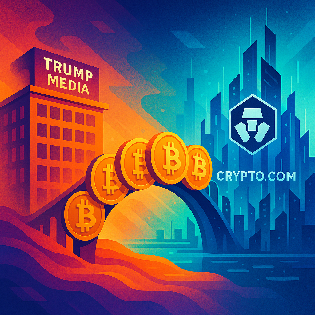 An artistic image of a futuristic bridge connecting traditional media and politics with the world of cryptocurrency, symbolizing the Trump Media Crypto.com partnership.