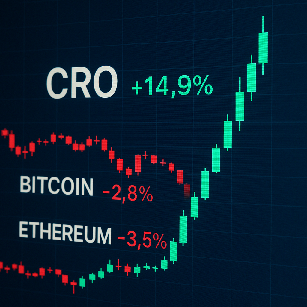 A financial chart visualizing CRO's massive price surge compared to the downtrend of the broader crypto market, highlighting the Trump Media Crypto.com partnership effect.