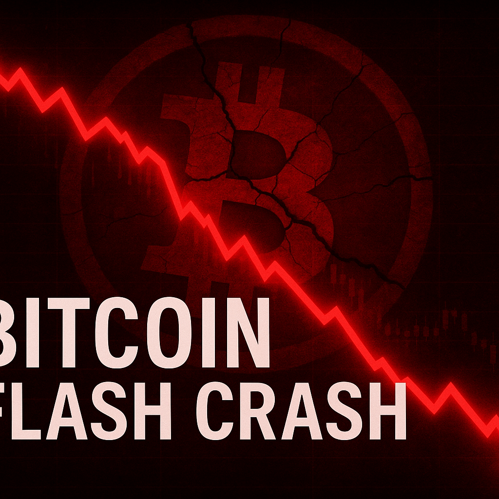 A dramatic visualization of a Bitcoin flash crash with a falling graph.