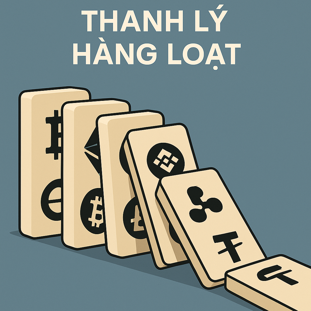 Dominos falling to illustrate the chain reaction of liquidations in a Bitcoin flash crash.