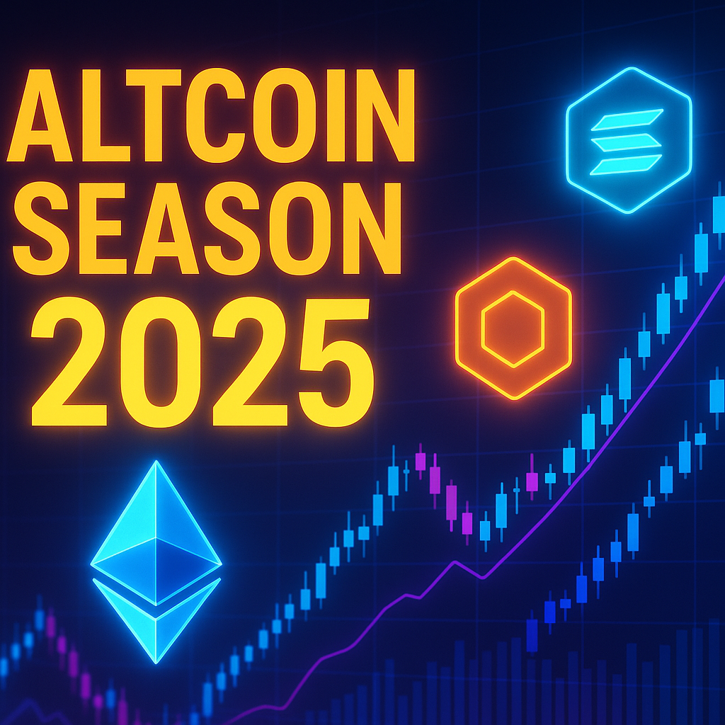 A vibrant artistic representation of Altcoin Season 2025 with various coin symbols.