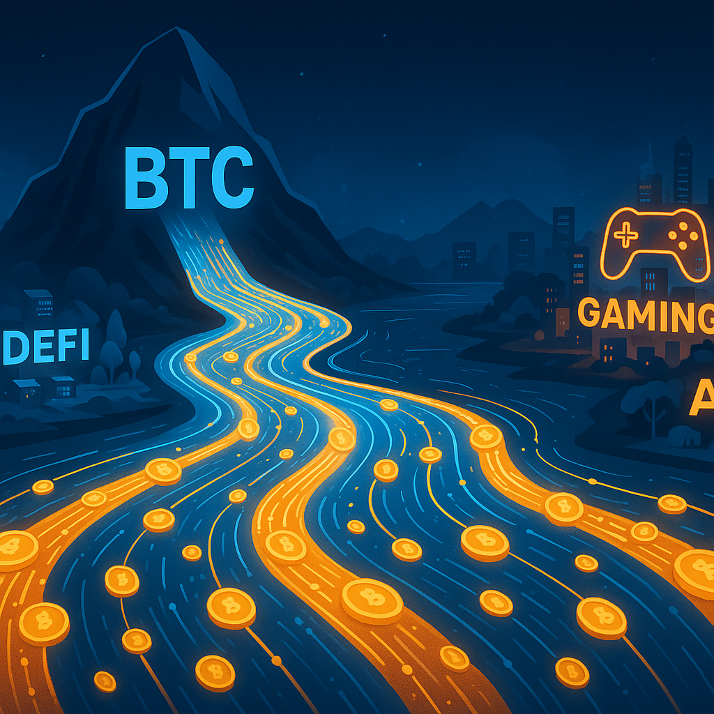 An abstract visualization of digital currency flowing towards various altcoin ecosystems, symbolizing the Altcoin Season 2025 capital rotation.