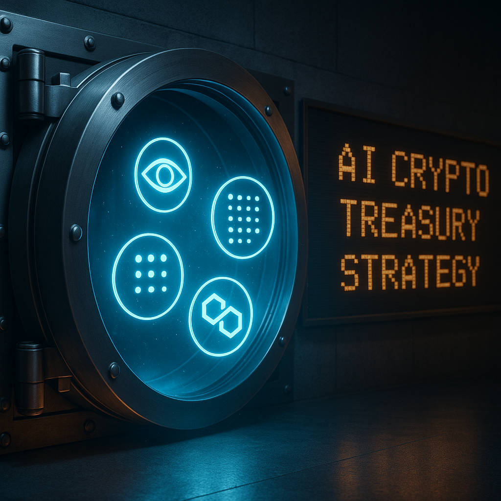 A futuristic visualization of an AI crypto treasury strategy, showing intertwined data and financial flows.